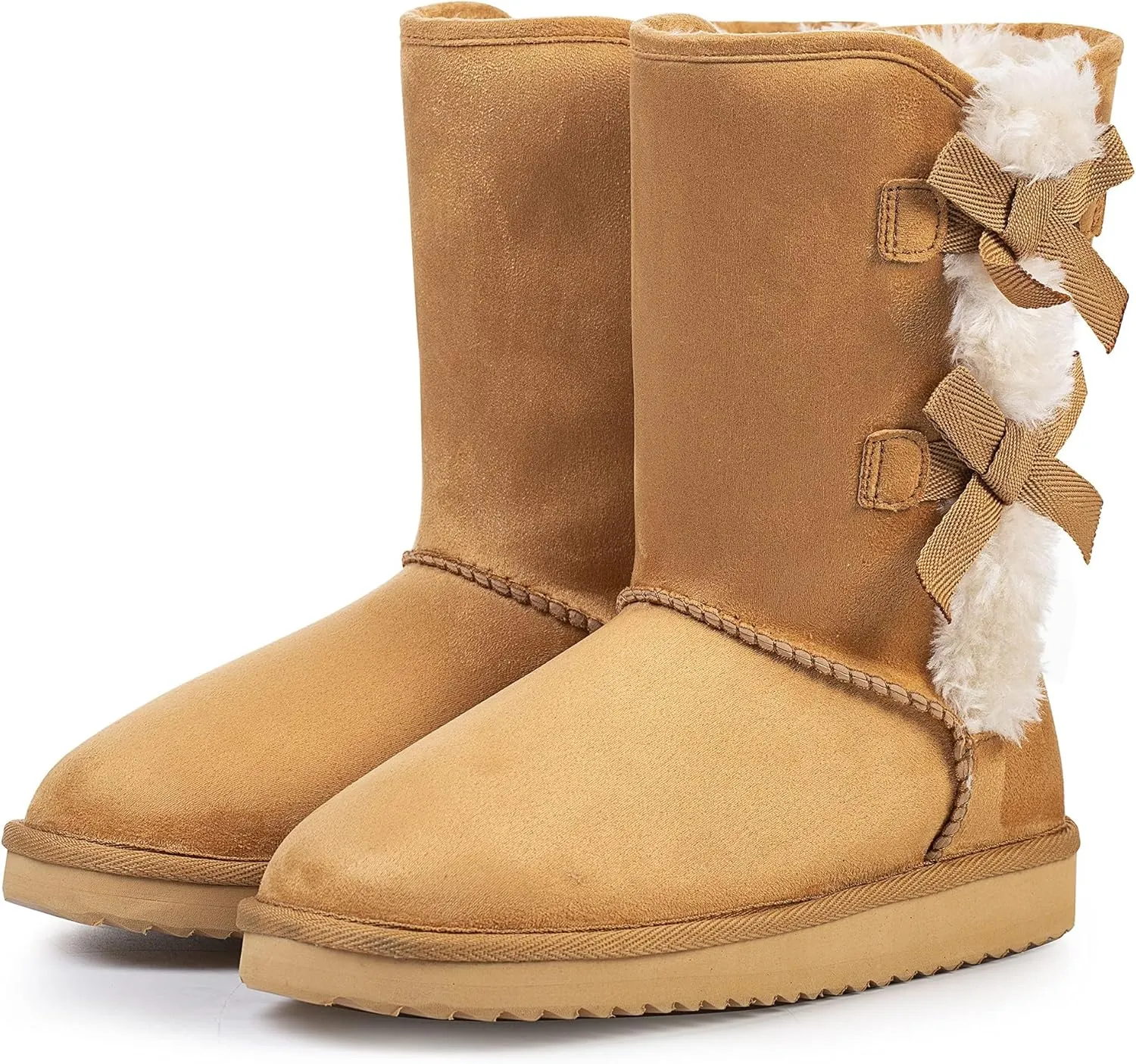 KRABOR Womens Suede Snow Boots Mid-Calf Winter Shoes with Side Bows