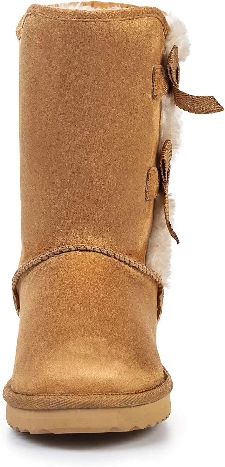 KRABOR Womens Suede Snow Boots Mid-Calf Winter Shoes with Side Bows