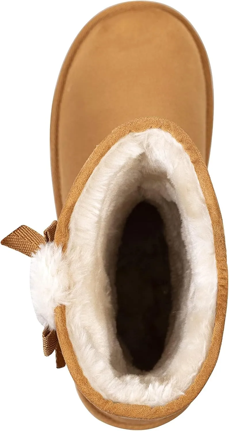 KRABOR Womens Suede Snow Boots Mid-Calf Winter Shoes with Side Bows