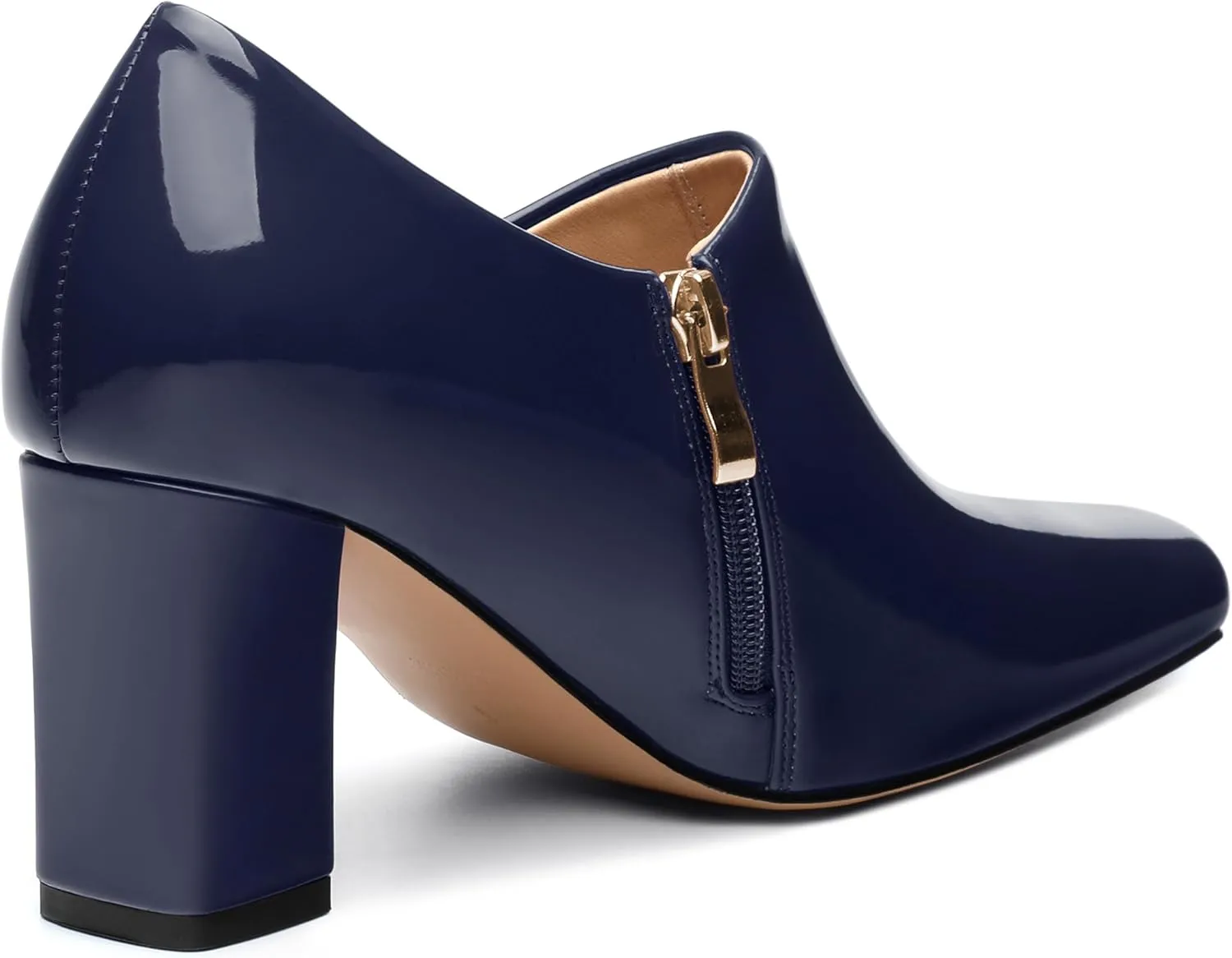 KUOARN Chunky Heels for Women Block High Heel Patent Square Toe 3 Inch Pumps Shoes Side Zipper Casual Fashion Work Party Mules
