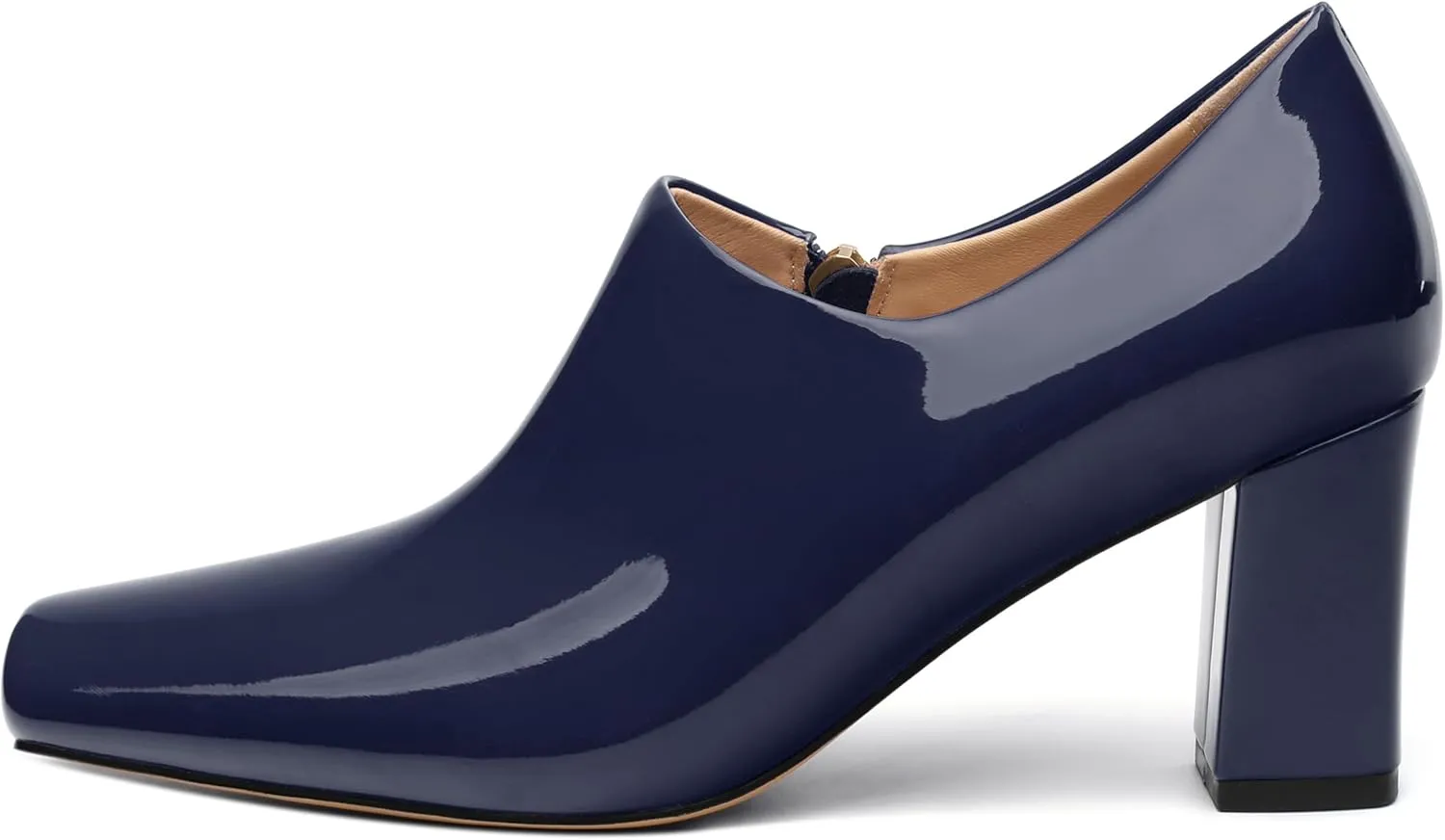 KUOARN Chunky Heels for Women Block High Heel Patent Square Toe 3 Inch Pumps Shoes Side Zipper Casual Fashion Work Party Mules