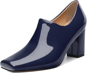 KUOARN Chunky Heels for Women Block High Heel Patent Square Toe 3 Inch Pumps Shoes Side Zipper Casual Fashion Work Party Mules