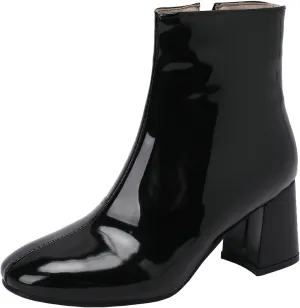 KysBloes Women Patent Leather GOGO Boots Square Toe Chunky Heel Ankle Boots Side Zip Block Heel Winter Booties