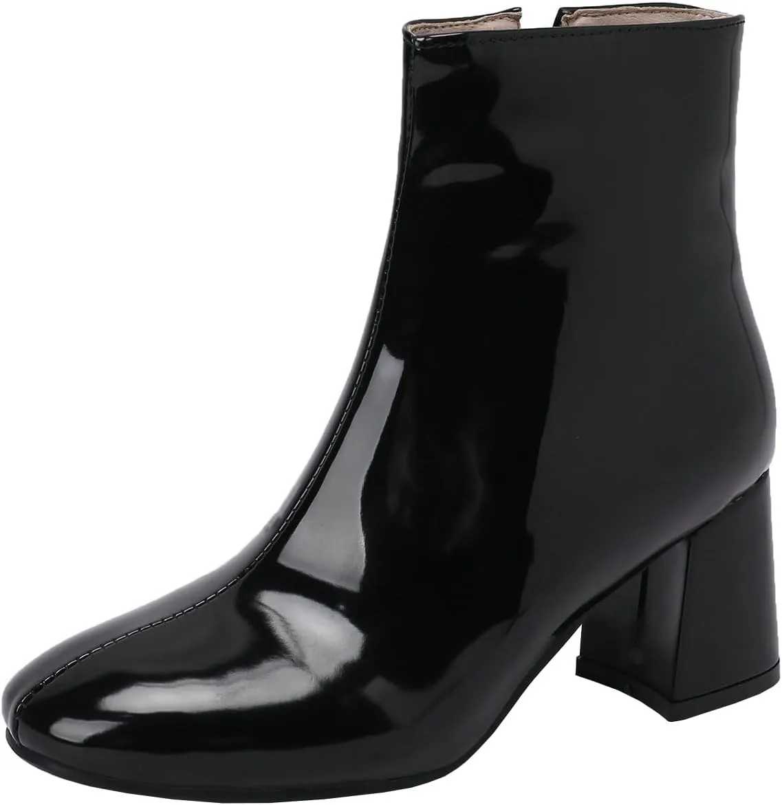 KysBloes Women Patent Leather GOGO Boots Square Toe Chunky Heel Ankle Boots Side Zip Block Heel Winter Booties