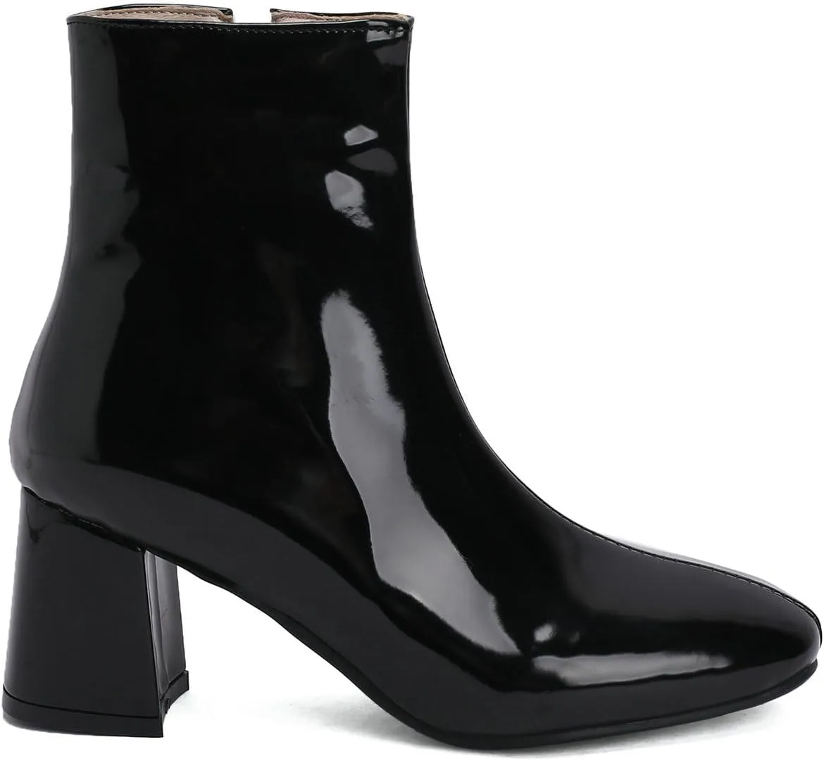 KysBloes Women Patent Leather GOGO Boots Square Toe Chunky Heel Ankle Boots Side Zip Block Heel Winter Booties