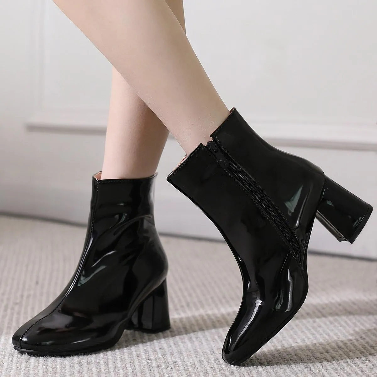 KysBloes Women Patent Leather GOGO Boots Square Toe Chunky Heel Ankle Boots Side Zip Block Heel Winter Booties