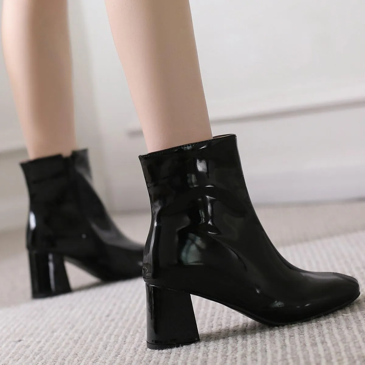 KysBloes Women Patent Leather GOGO Boots Square Toe Chunky Heel Ankle Boots Side Zip Block Heel Winter Booties