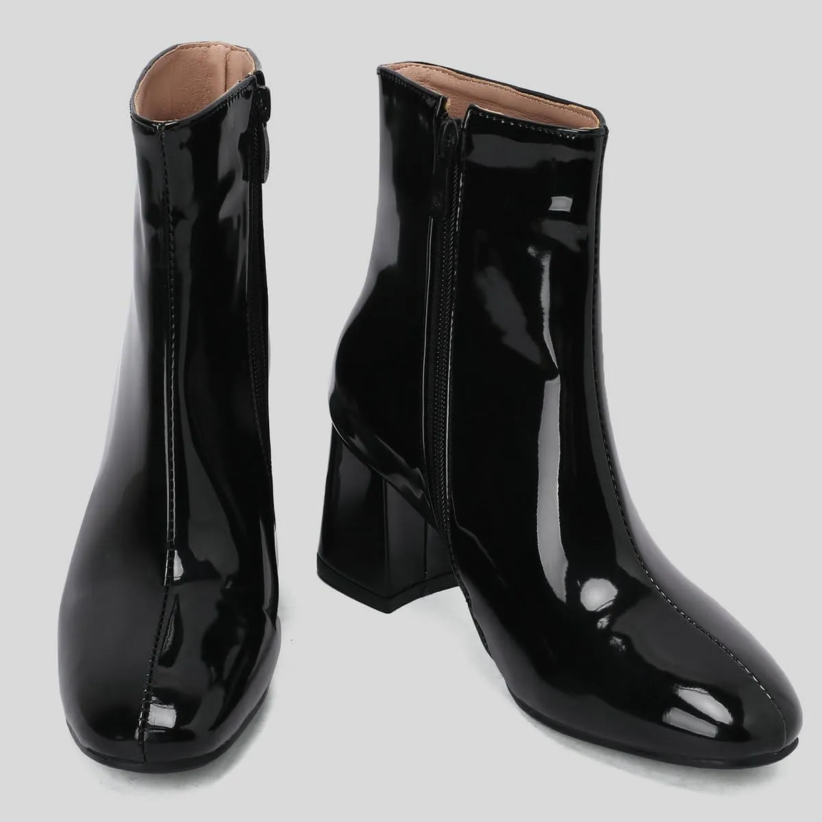 KysBloes Women Patent Leather GOGO Boots Square Toe Chunky Heel Ankle Boots Side Zip Block Heel Winter Booties