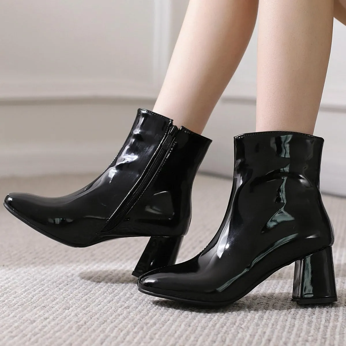 KysBloes Women Patent Leather GOGO Boots Square Toe Chunky Heel Ankle Boots Side Zip Block Heel Winter Booties
