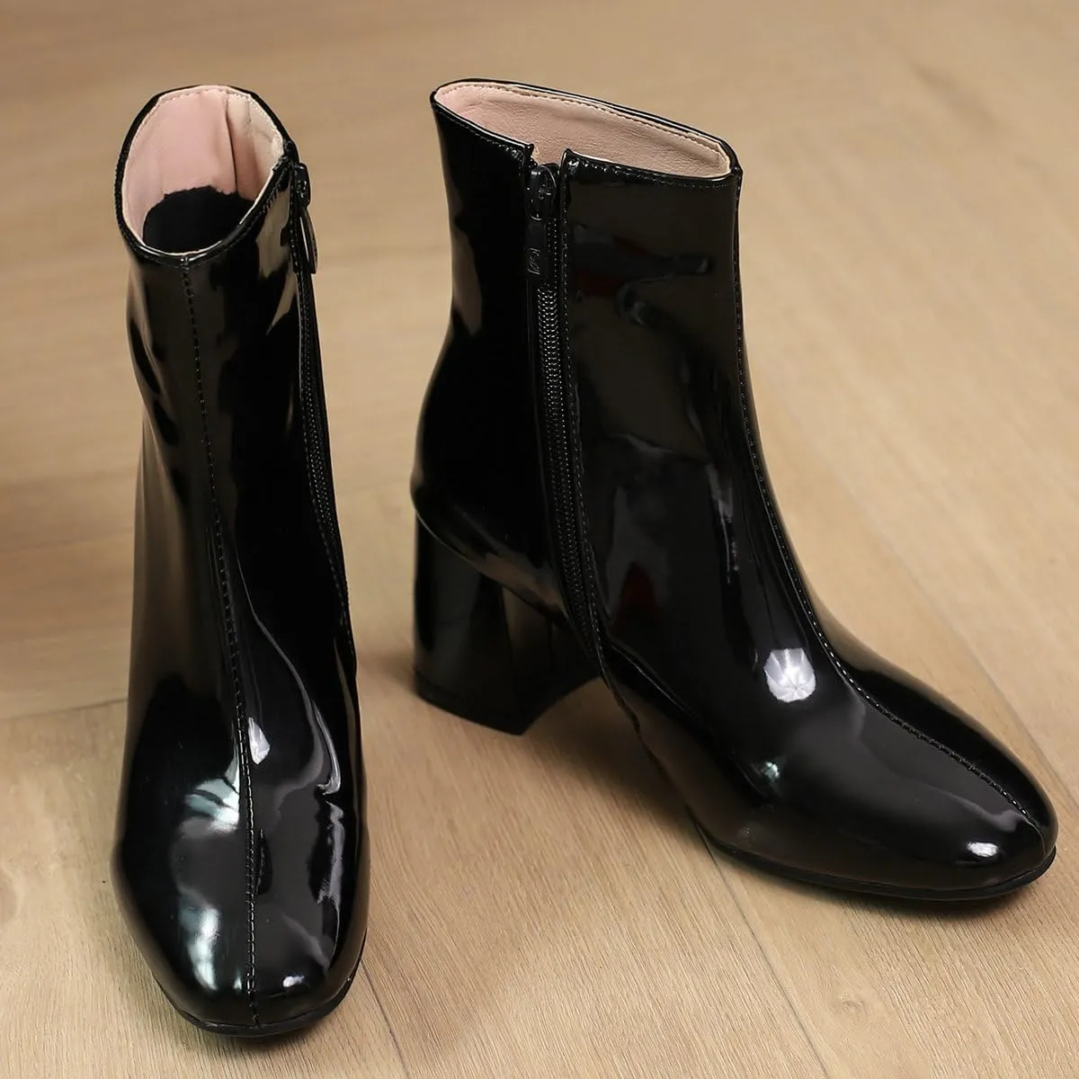 KysBloes Women Patent Leather GOGO Boots Square Toe Chunky Heel Ankle Boots Side Zip Block Heel Winter Booties