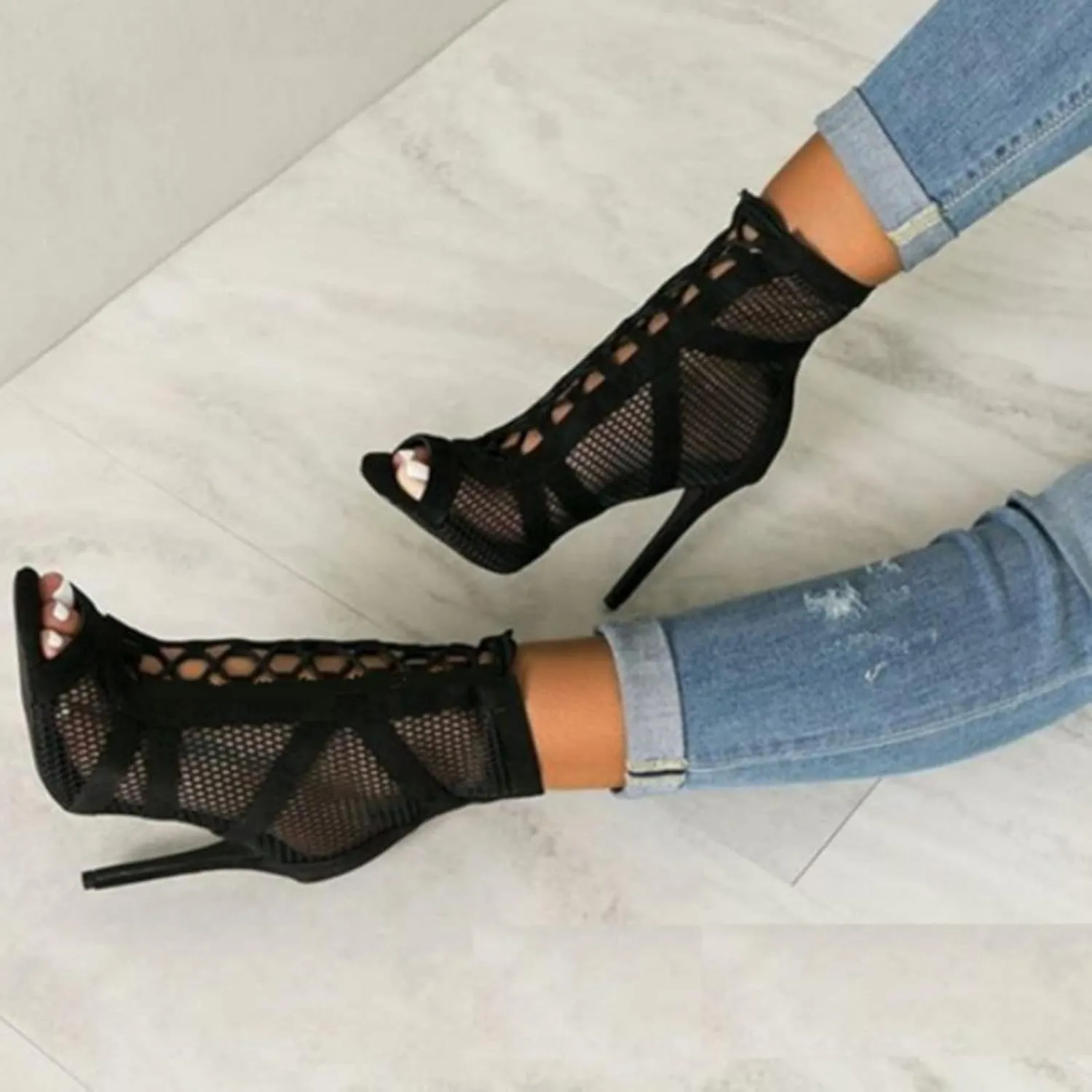 Lace-Up Shoes High Mesh S Heels Women Women's Boots Ladies Lambskin Blue