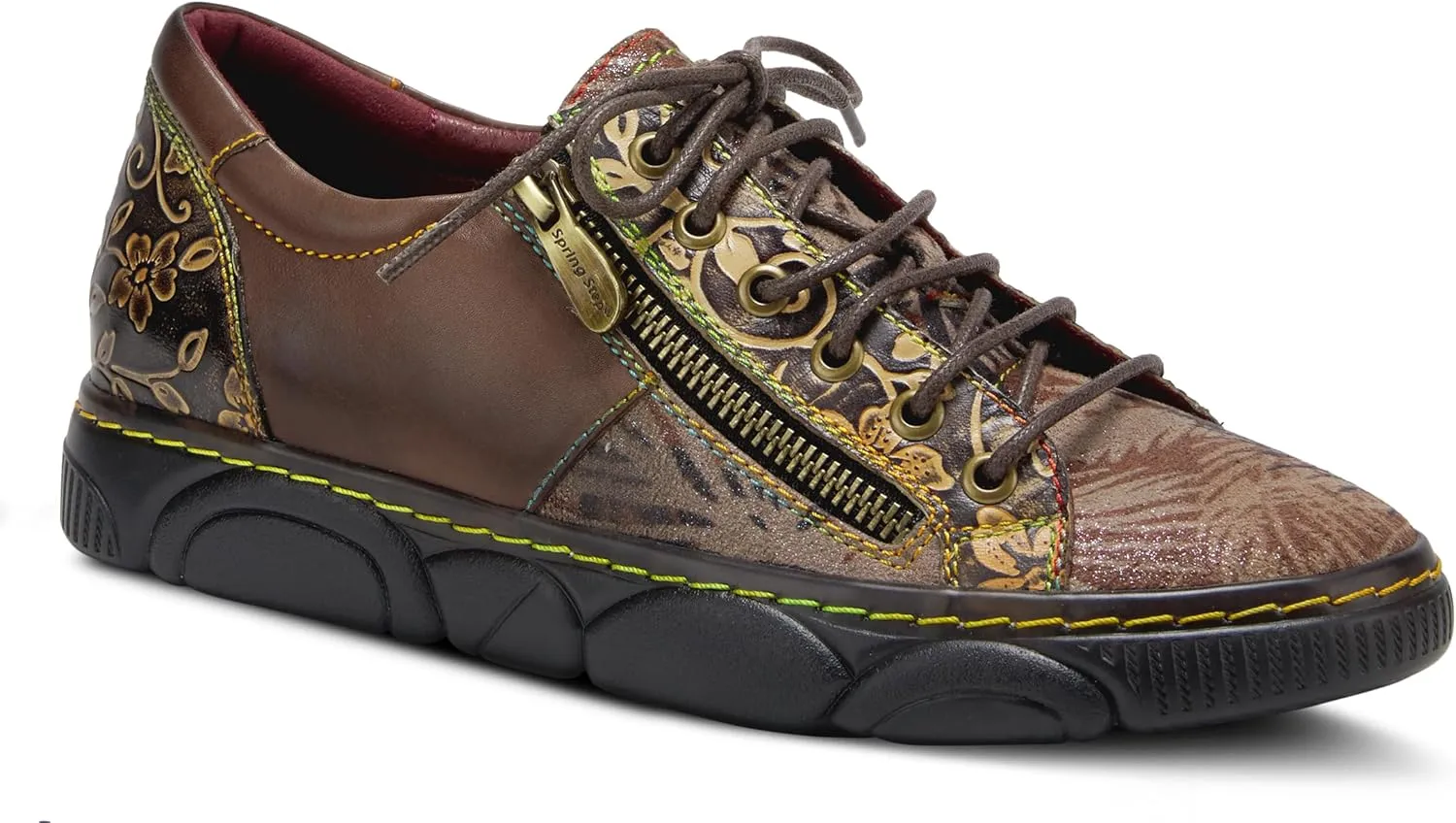 L'Artiste by Spring Step Women's Danli-Bloom Sneaker – Hand-Painted Leather Platform Shoes with Zipper & Lace-Up Closure, Removable Insole, Rainbow Stitching, Comfort Fit Black Multi EU 42/10.5-11
