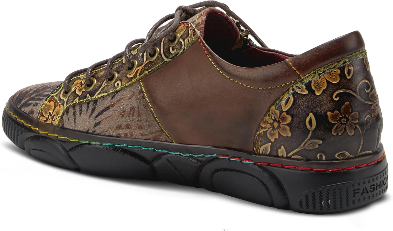 L'Artiste by Spring Step Women's Danli-Bloom Sneaker – Hand-Painted Leather Platform Shoes with Zipper & Lace-Up Closure, Removable Insole, Rainbow Stitching, Comfort Fit Black Multi EU 42/10.5-11