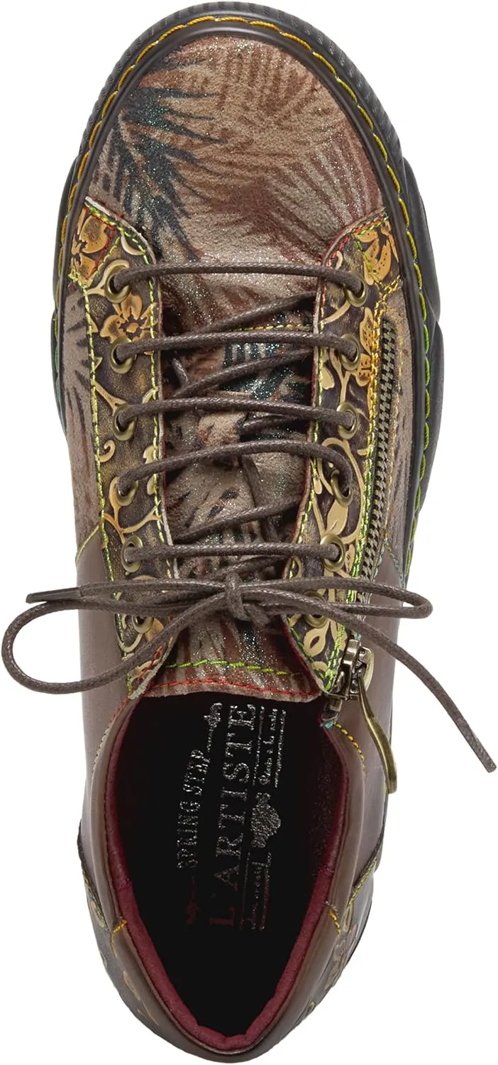 L'Artiste by Spring Step Women's Danli-Bloom Sneaker – Hand-Painted Leather Platform Shoes with Zipper & Lace-Up Closure, Removable Insole, Rainbow Stitching, Comfort Fit Black Multi EU 42/10.5-11