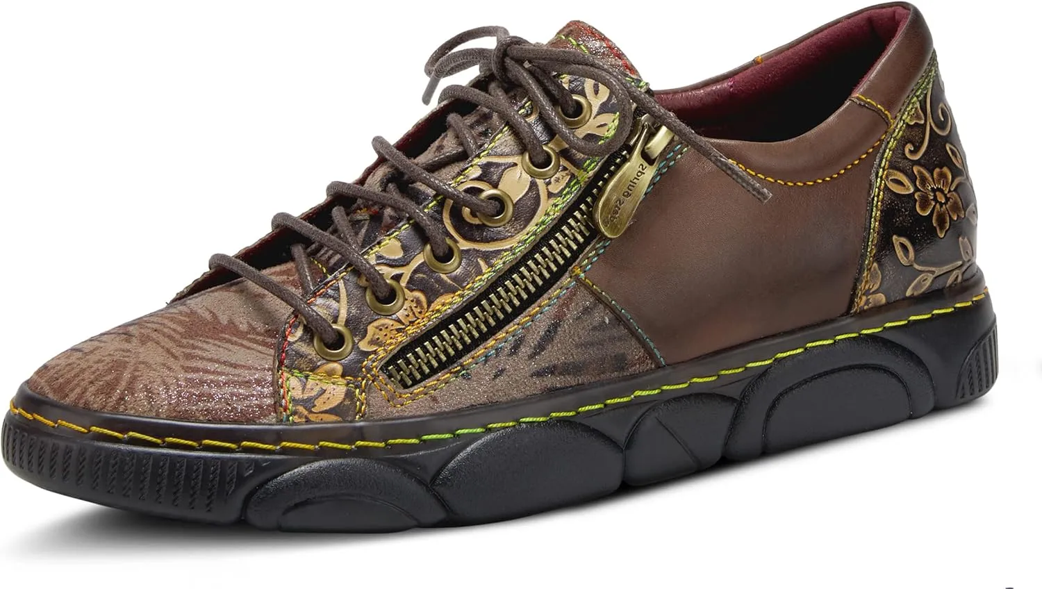 L'Artiste by Spring Step Women's Danli-Bloom Sneaker – Hand-Painted Leather Platform Shoes with Zipper & Lace-Up Closure, Removable Insole, Rainbow Stitching, Comfort Fit Black Multi EU 42/10.5-11