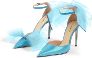 LauraVicci Women's Pumps Asymmetric Mesh Feather Bow Sandals Pointed Toe Ankle Strap Lace-Up Stiletto Slip-On Evening Dress Party Wedding Shoes