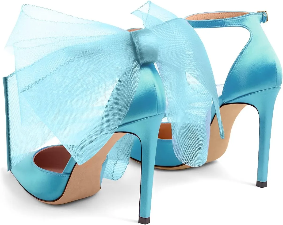 LauraVicci Women's Pumps Asymmetric Mesh Feather Bow Sandals Pointed Toe Ankle Strap Lace-Up Stiletto Slip-On Evening Dress Party Wedding Shoes