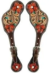 Leather Western Horse Spur Straps Handmade Genuine Tooled for Horse Riders Set of 2 Single Boots Equipment for Men-Women Craft Hardware Buckle TACK Basket Sport Equestrian Horse Spurs for Riding,SPR31