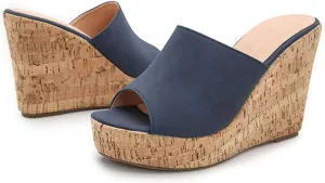 LEHOOR Cork Wedge Mules for Women Platform Slide Sandals Peep Toe, High Wedge 4.5Inch Slippers Microfiber Suede 6-11 M US