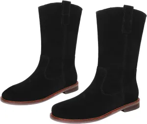 LEHOOR Women Flat Heel Western Boots Round Toe Suede Mid Calf Cowboy Boots Wide Calf Pull On Low Chunky Block Heel Short Riding Boot Stretch Comfort Fashion Casual Fall Winter Dress Booties 4-11 M US