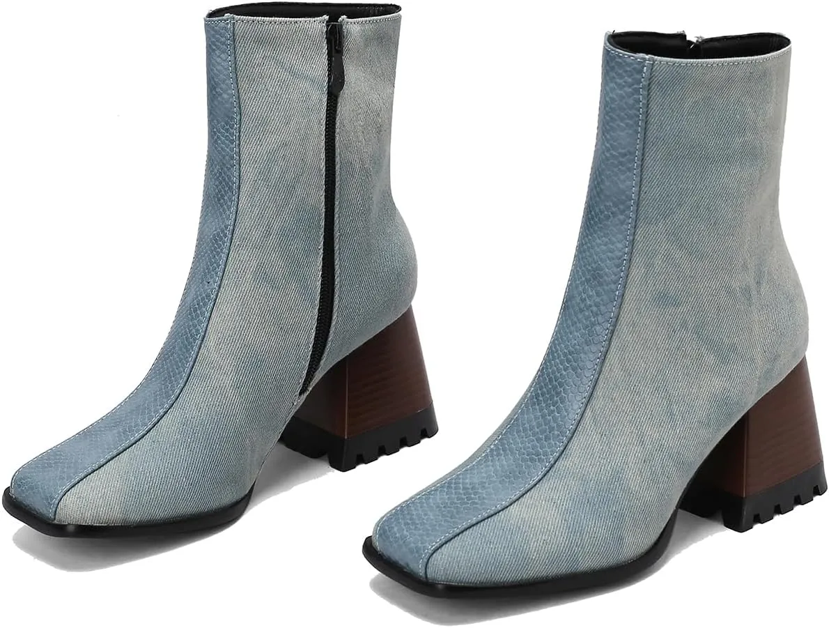 LEHOOR Women Square Toe Ankle Boots Chunky Block Heel Side Zipper Sock Booties Crocodile Snakeskin Two-Toned Combat Boots Patchwork Multicolored Fall Dress Boot Chic Fashion Party Work 4-15 M US