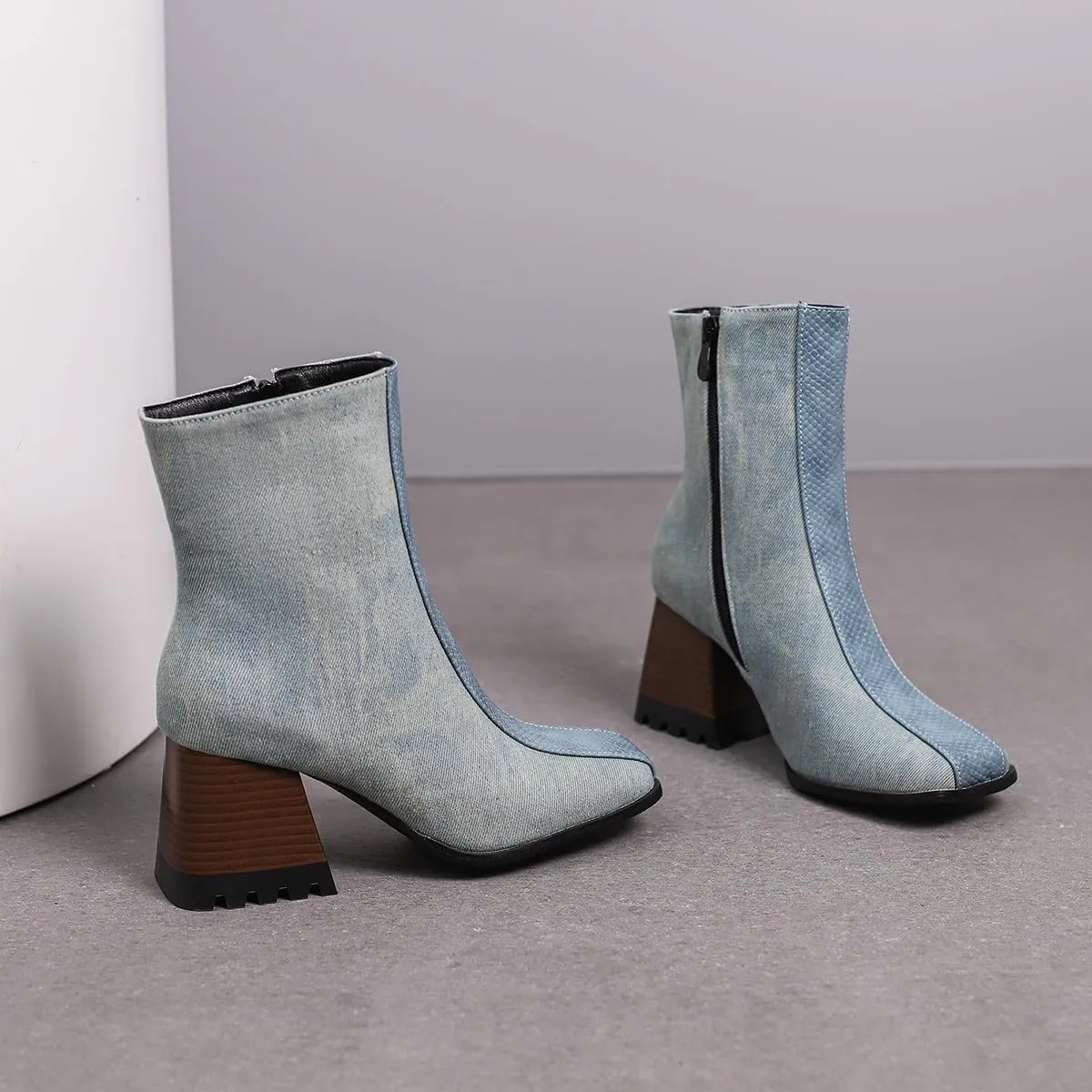 LEHOOR Women Square Toe Ankle Boots Chunky Block Heel Side Zipper Sock Booties Crocodile Snakeskin Two-Toned Combat Boots Patchwork Multicolored Fall Dress Boot Chic Fashion Party Work 4-15 M US