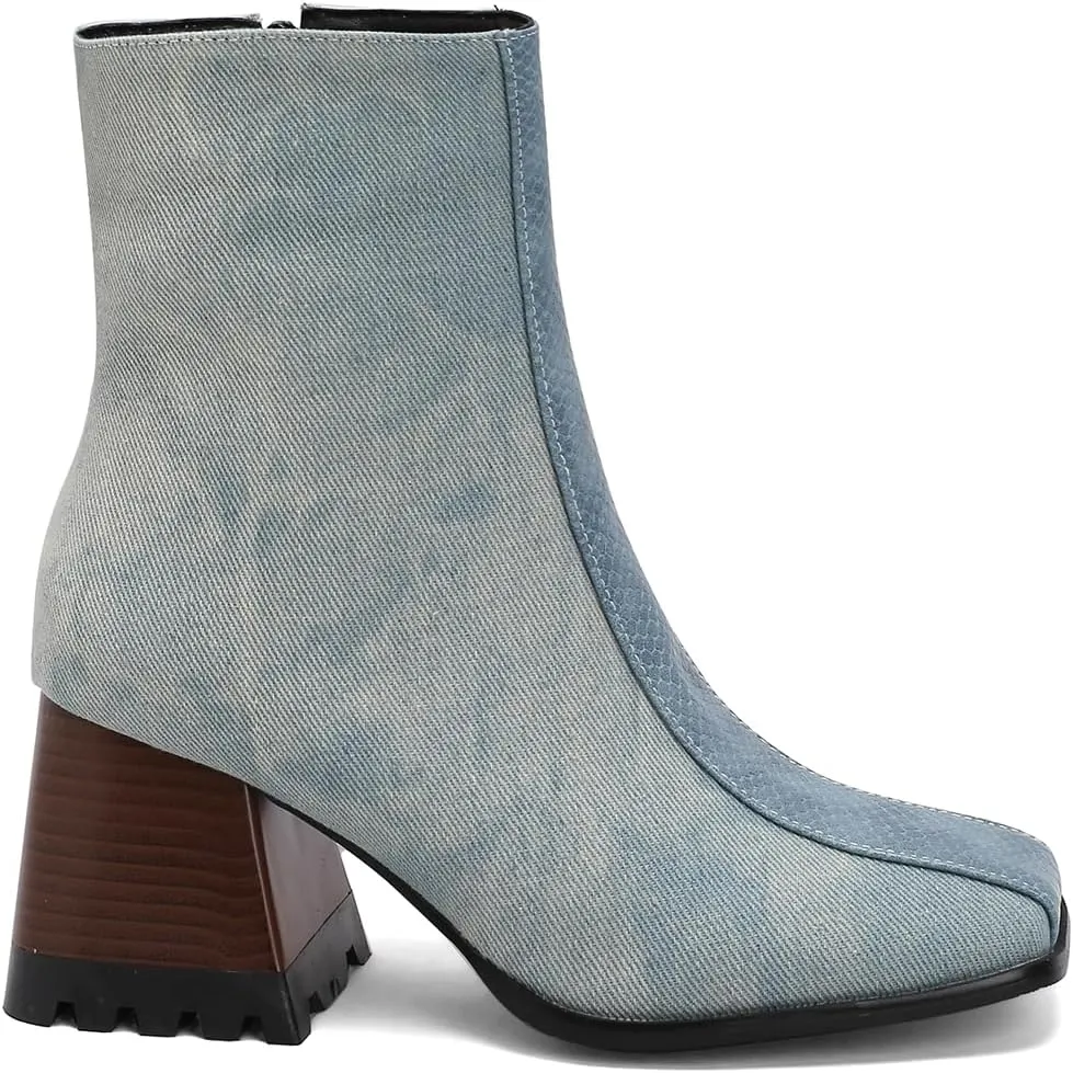 LEHOOR Women Square Toe Ankle Boots Chunky Block Heel Side Zipper Sock Booties Crocodile Snakeskin Two-Toned Combat Boots Patchwork Multicolored Fall Dress Boot Chic Fashion Party Work 4-15 M US