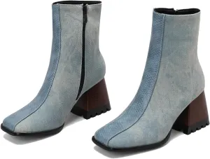 LEHOOR Women Square Toe Ankle Boots Chunky Block Heel Side Zipper Sock Booties Crocodile Snakeskin Two-Toned Combat Boots Patchwork Multicolored Fall Dress Boot Chic Fashion Party Work 4-15 M US