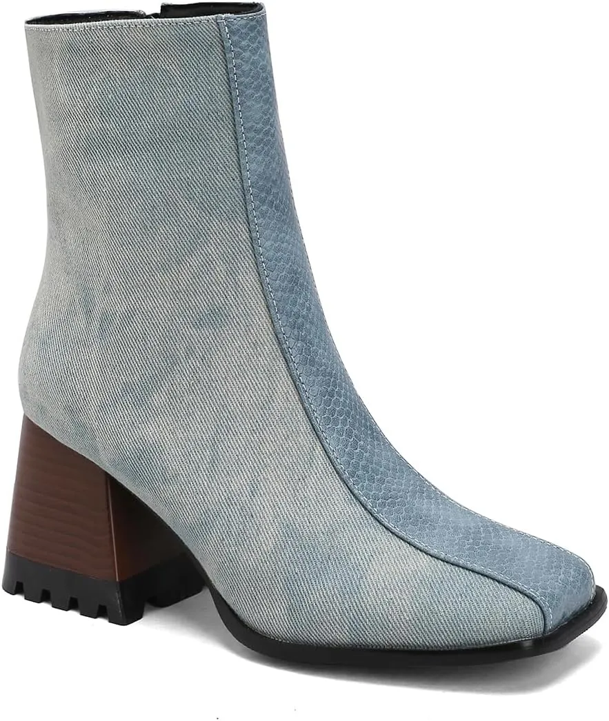 LEHOOR Women Square Toe Ankle Boots Chunky Block Heel Side Zipper Sock Booties Crocodile Snakeskin Two-Toned Combat Boots Patchwork Multicolored Fall Dress Boot Chic Fashion Party Work 4-15 M US