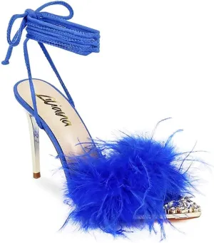 Liliana Women Pointy Toe Feather Fur Lace Up Pumps
