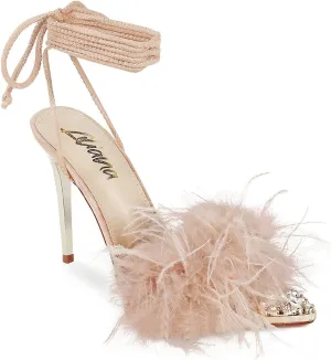Liliana Women Pointy Toe Feather Fur Lace Up Pumps
