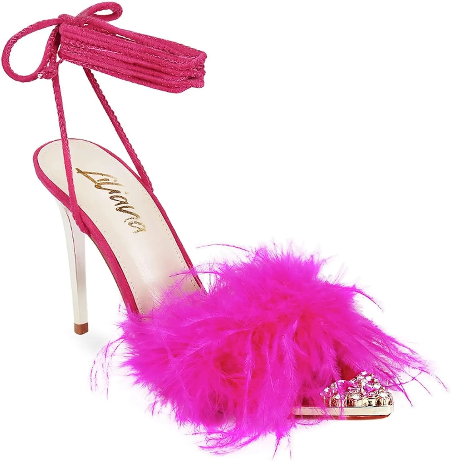 Liliana Women Pointy Toe Feather Fur Lace Up Pumps