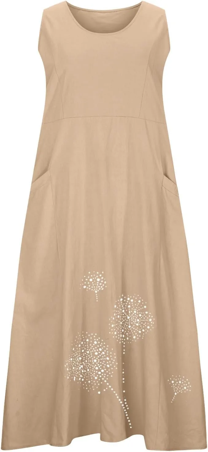 Linen Dresses for Women Summer Sleeveless Maxi Dresses Dressy Casual Crewneck Sun Dresses Trendy Summer Beach Outfits