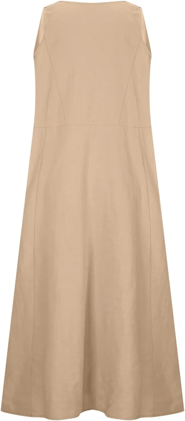 Linen Dresses for Women Summer Sleeveless Maxi Dresses Dressy Casual Crewneck Sun Dresses Trendy Summer Beach Outfits