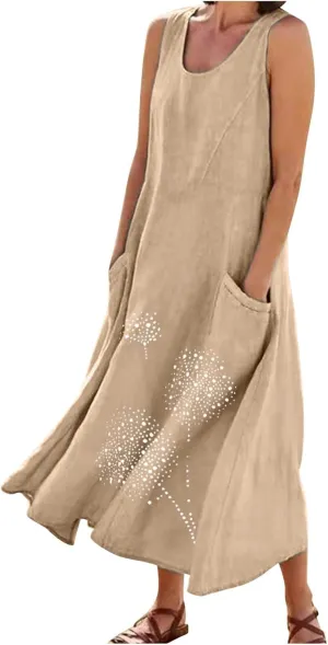 Linen Dresses for Women Summer Sleeveless Maxi Dresses Dressy Casual Crewneck Sun Dresses Trendy Summer Beach Outfits