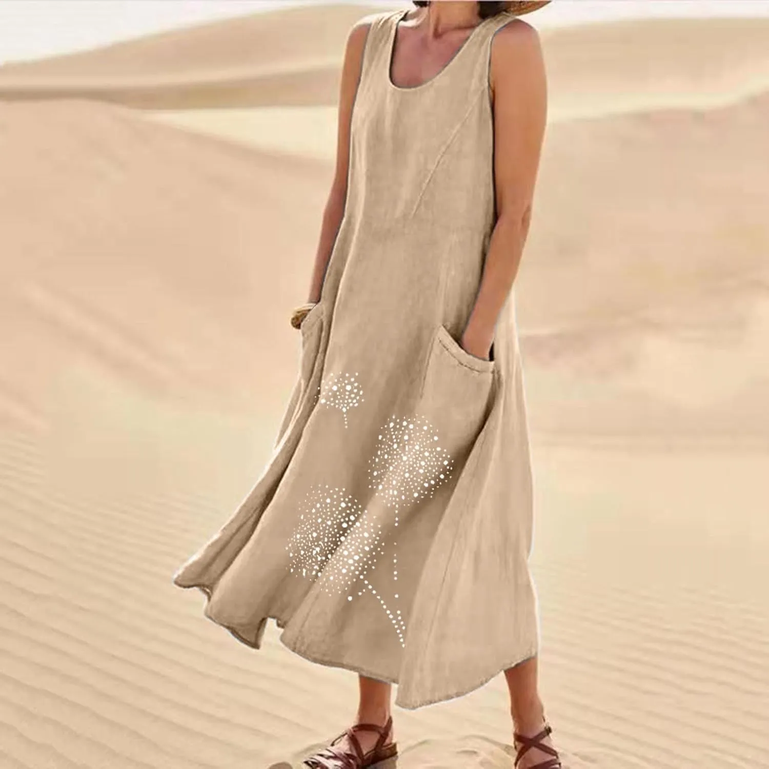 Linen Dresses for Women Summer Sleeveless Maxi Dresses Dressy Casual Crewneck Sun Dresses Trendy Summer Beach Outfits
