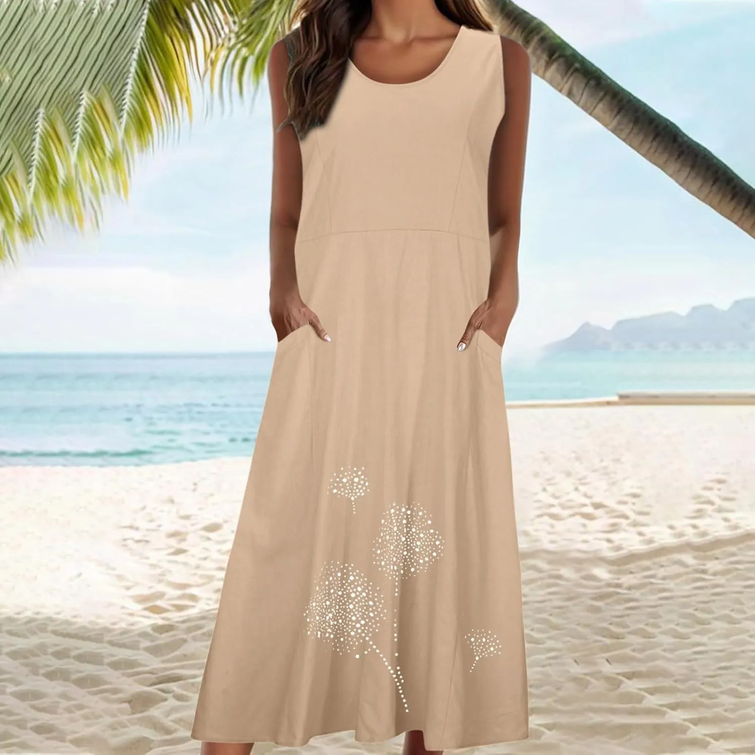 Linen Dresses for Women Summer Sleeveless Maxi Dresses Dressy Casual Crewneck Sun Dresses Trendy Summer Beach Outfits