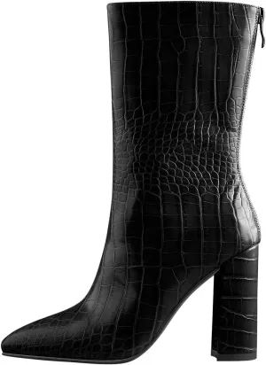 LISHAN Women's Snakeskin Chunky 4in Heel Crocodile Pull On Mid Calf Boots