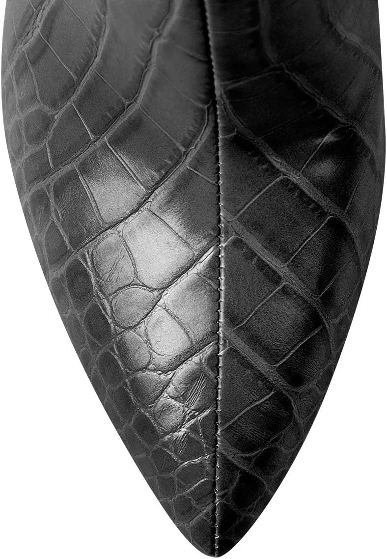 LISHAN Women's Snakeskin Chunky 4in Heel Crocodile Pull On Mid Calf Boots