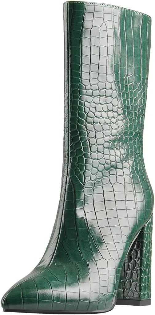 LISHAN Women's Snakeskin Chunky 4in Heel Crocodile Pull On Mid Calf Boots