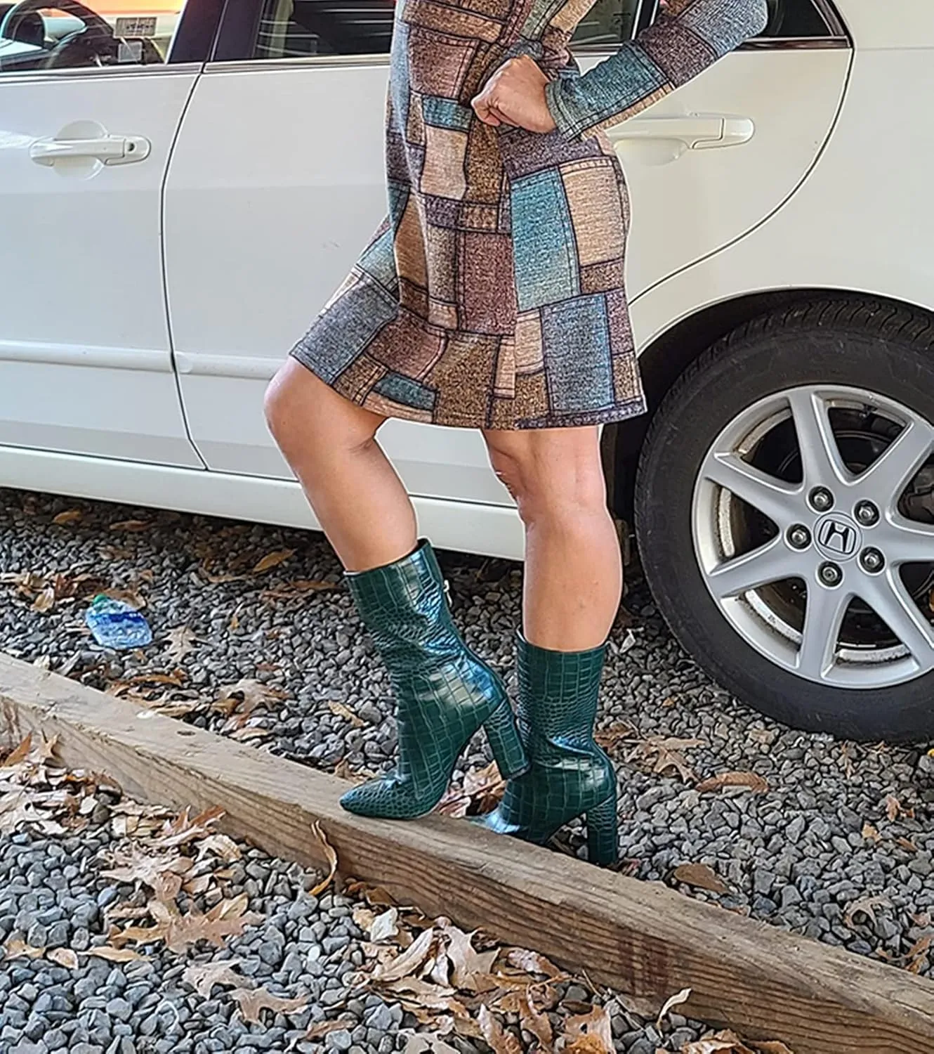 LISHAN Women's Snakeskin Chunky 4in Heel Crocodile Pull On Mid Calf Boots