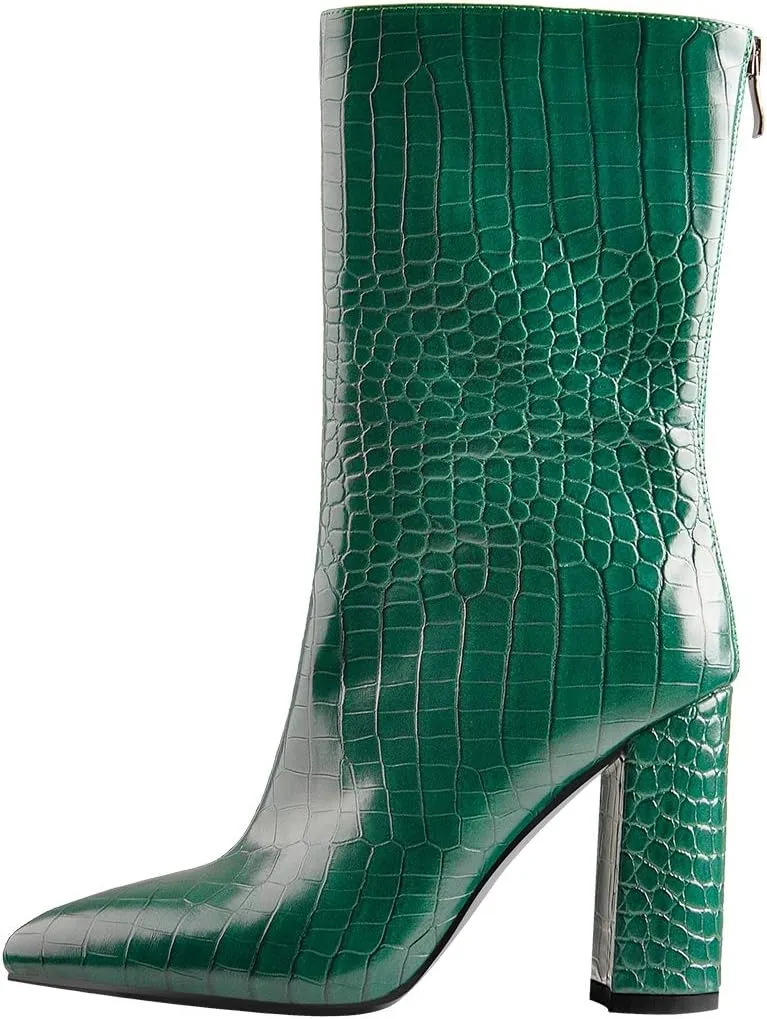 LISHAN Women's Snakeskin Chunky 4in Heel Crocodile Pull On Mid Calf Boots