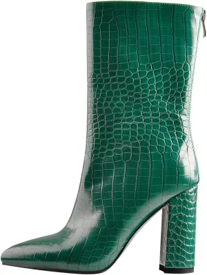 LISHAN Women's Snakeskin Chunky 4in Heel Crocodile Pull On Mid Calf Boots