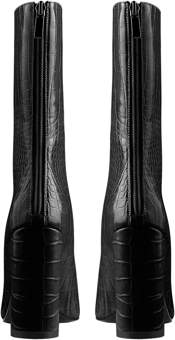 LISHAN Women's Snakeskin Chunky 4in Heel Crocodile Pull On Mid Calf Boots