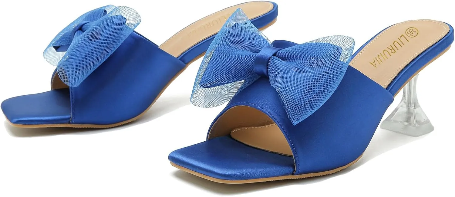 LIURUIJIA Women's Bow Heels Mules Sandals Square Toe Slip On Low Kitten Heels Wedding Bridal Dress Shoes
