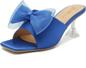 LIURUIJIA Women's Bow Heels Mules Sandals Square Toe Slip On Low Kitten Heels Wedding Bridal Dress Shoes