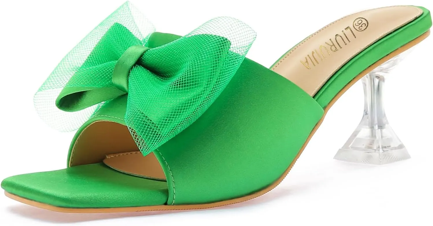 LIURUIJIA Women's Bow Heels Mules Sandals Square Toe Slip On Low Kitten Heels Wedding Bridal Dress Shoes