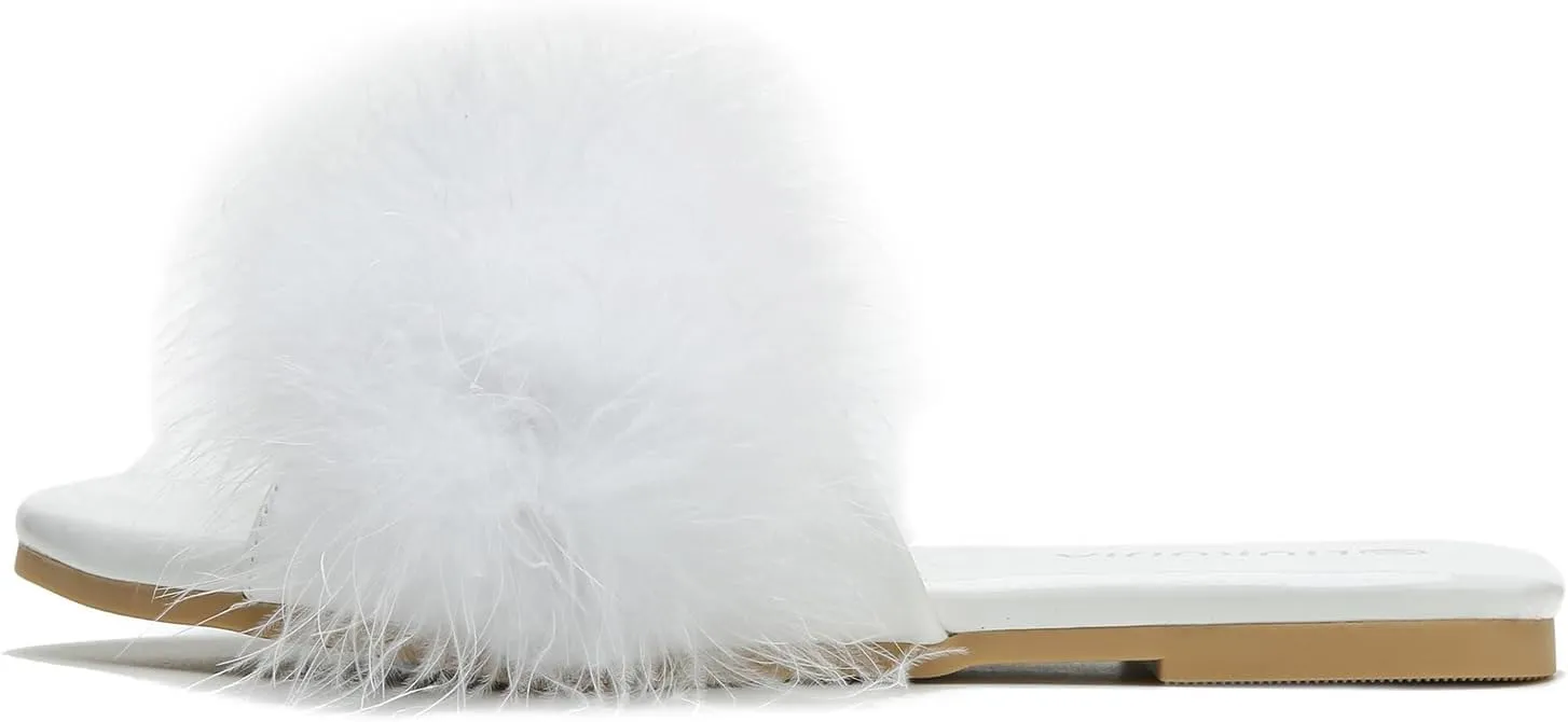 LIURUIJIA Women's Fluffy Feather Slippers Fur Slide Flat Sandals Cozy Slip On Stylish Summer Casual Party Indoor Outdoor Flats Shoes