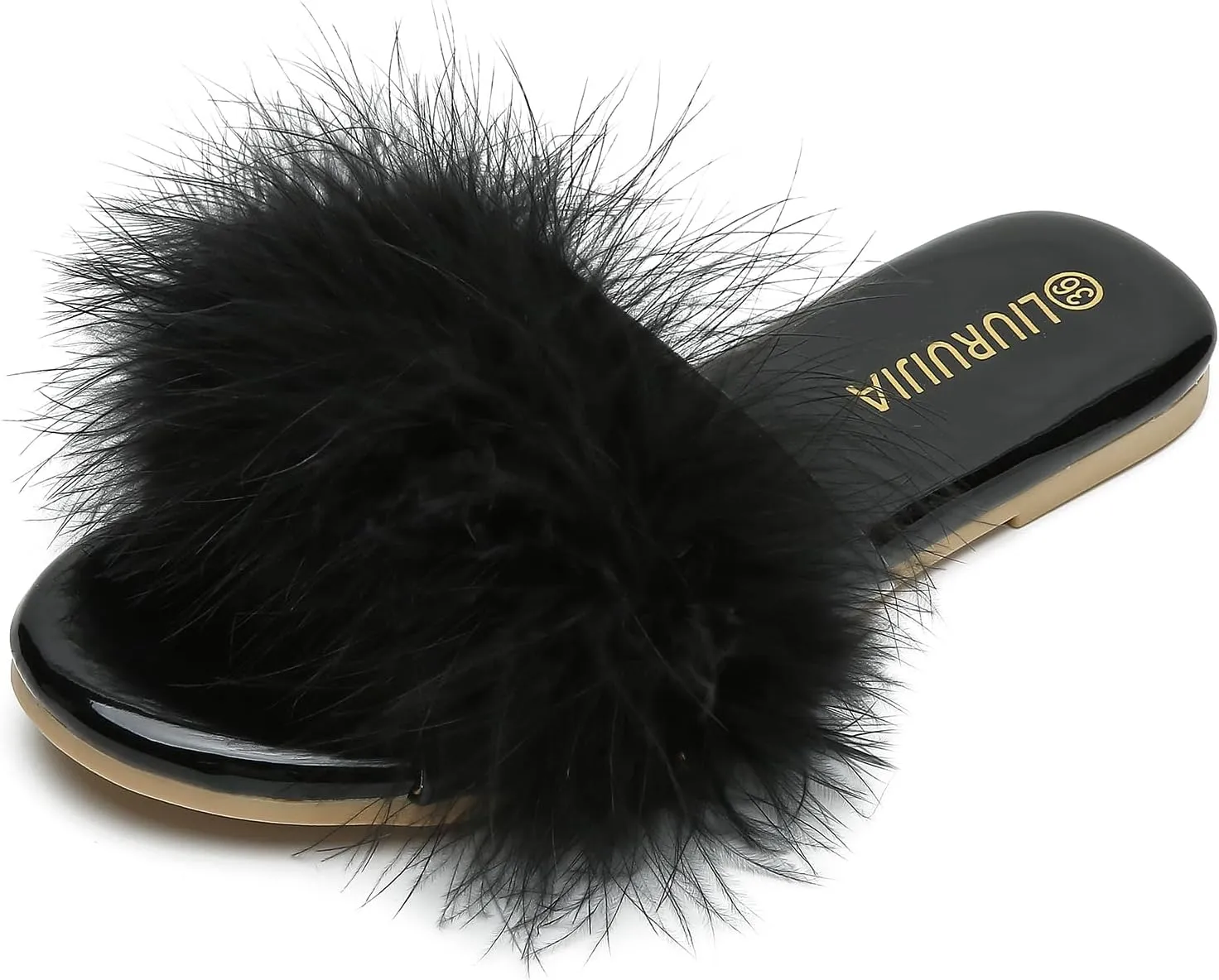 LIURUIJIA Women's Fluffy Feather Slippers Fur Slide Flat Sandals Cozy Slip On Stylish Summer Casual Party Indoor Outdoor Flats Shoes