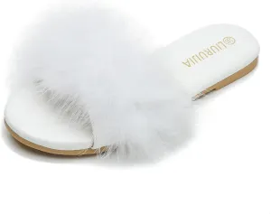 LIURUIJIA Women's Fluffy Feather Slippers Fur Slide Flat Sandals Cozy Slip On Stylish Summer Casual Party Indoor Outdoor Flats Shoes